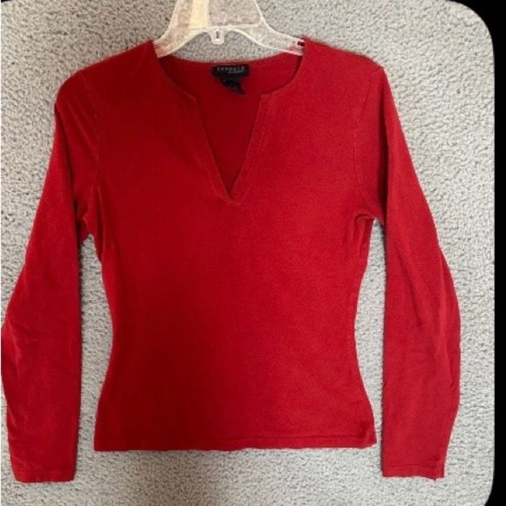 Express Red V-Neck Long Sleeve Top